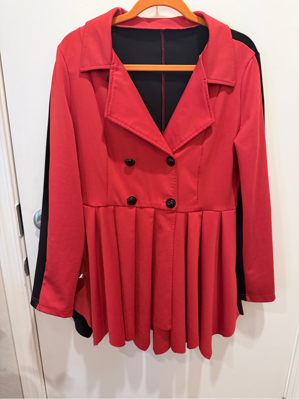 AKIRA Red and Black Double-Breasted Pleated Trench Coat